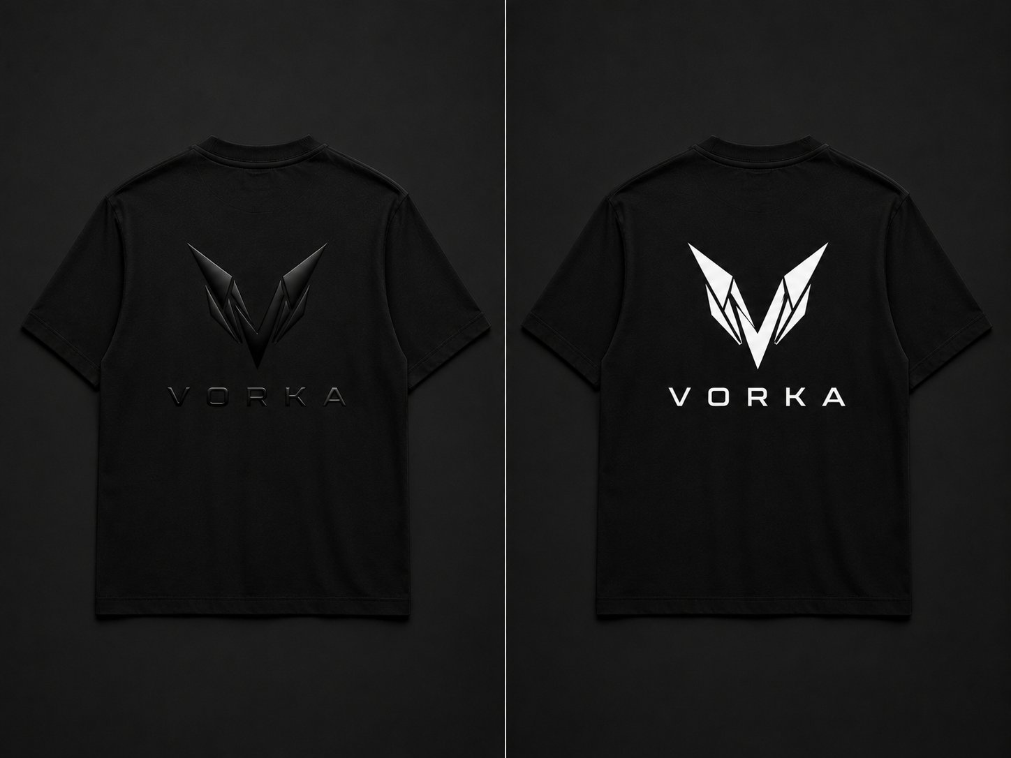 Vista trasera de remera VORKA con dos opciones de marca
